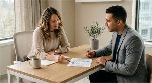 Product manager and marketing manager reviewing a one-page report together