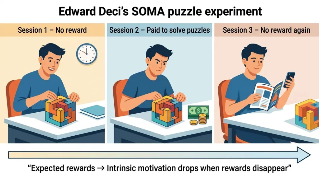 Diagram of Deci’s SOMA puzzle experiment showing how payment reduced students’ intrinsic motivation to keep playing