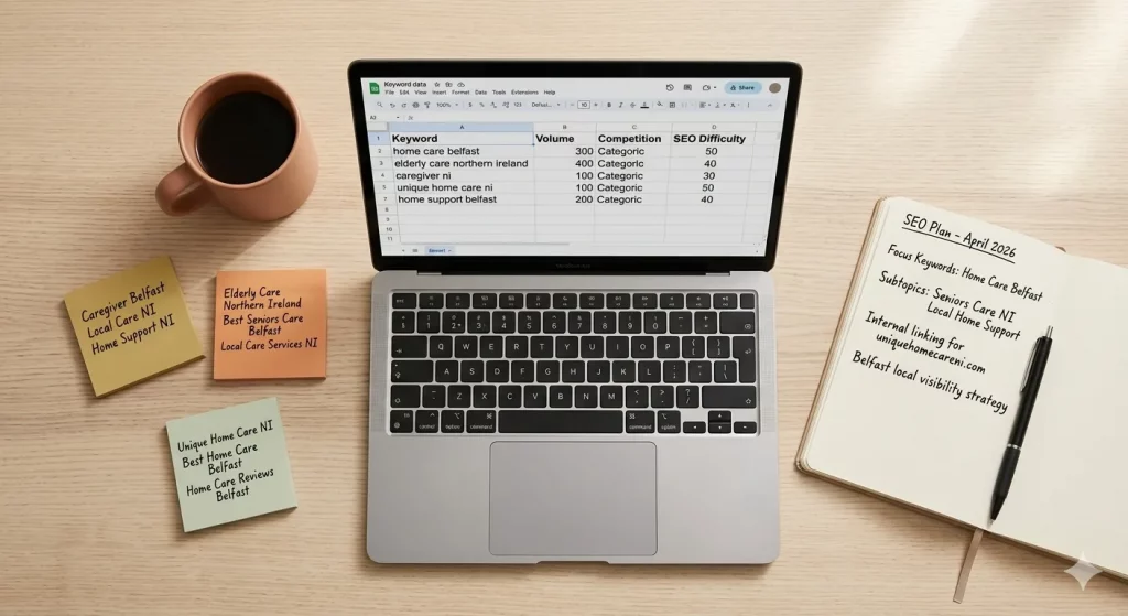 Desk workspace with laptop showing a keyword planning spreadsheet, notebook with SEO notes, and sticky notes for keyword grouping