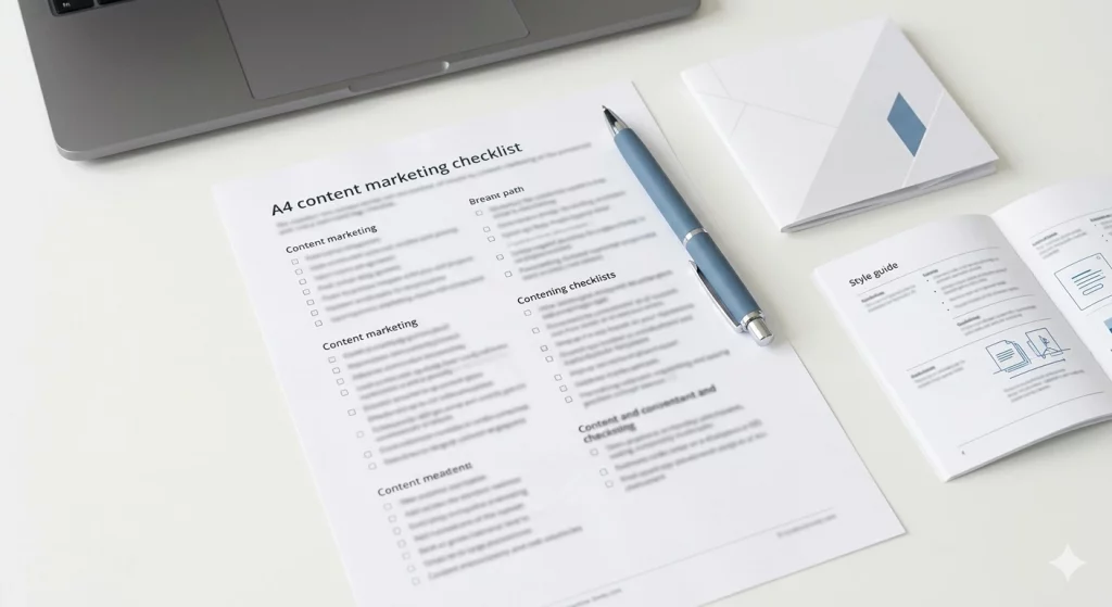Printed content standards checklist on a desk with a pen and style guide, representing SEO content guidelines and editorial structure