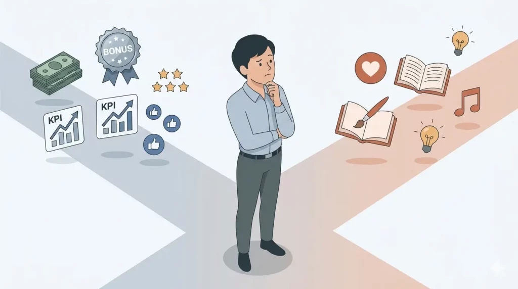Person choosing between external rewards like money and internal passion, representing the overjustification effect