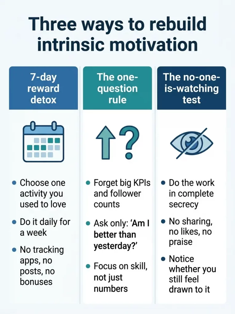 Infographic showing a 7-day reward detox, the one-question rule and the no-one-is-watching test for rebuilding intrinsic motivation